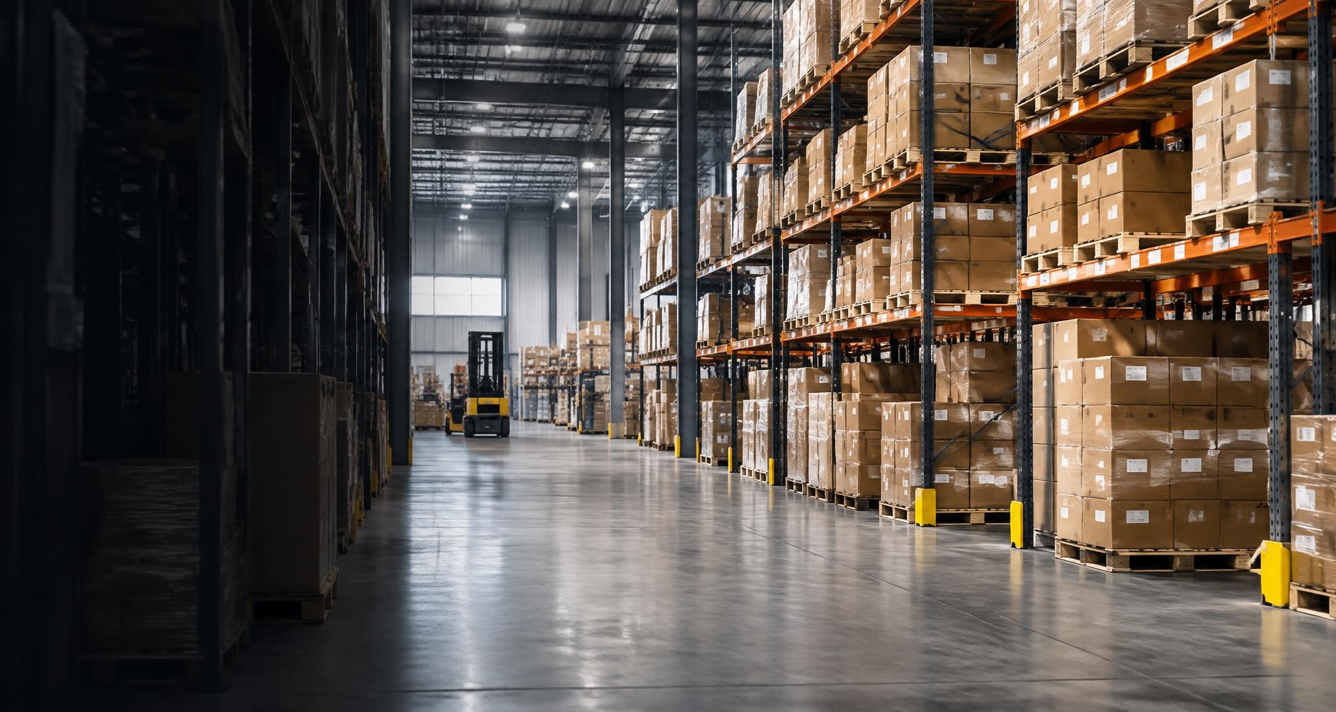 Illustrative distribution warehouse with organized cartons and wholesale shelving